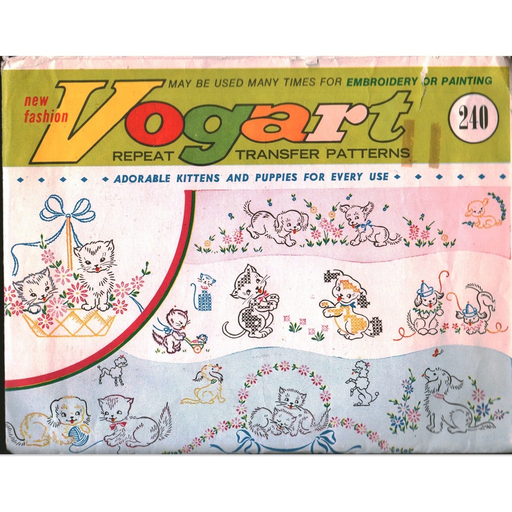 Vintage Vogart 240 Repeat Transfer Patterns Kittens Puppies Embroidery Painting